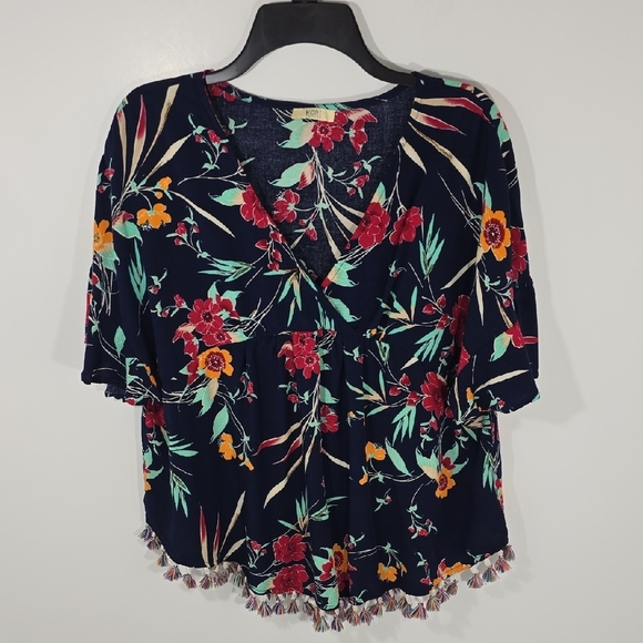 {KORI America} Floral V-Neck Top - Multicolor With Tassles - Picture 3 of 12